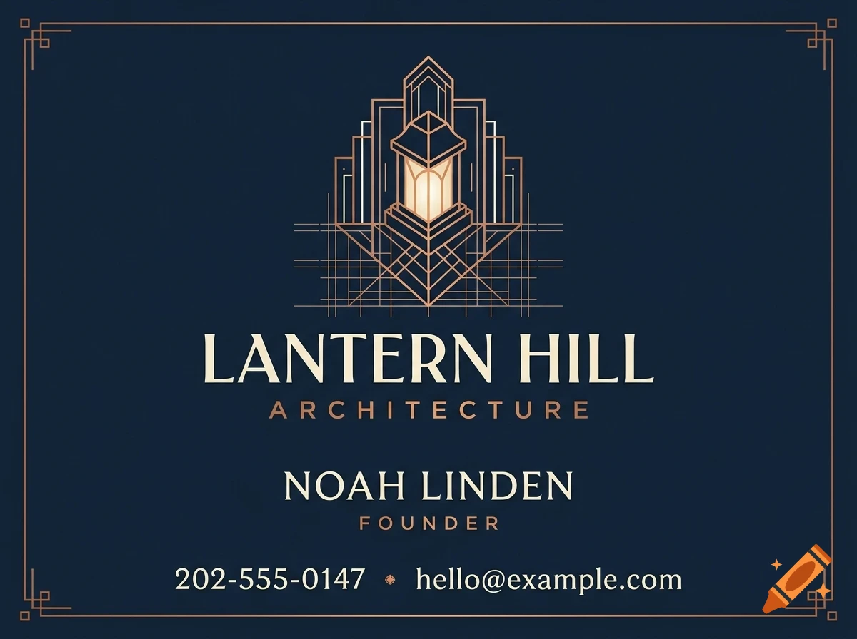 An art deco style business card for Lantern Hill Architecture with a geometric lantern emblem, featuring the name Noah Linden, founder, phone number, and email.
