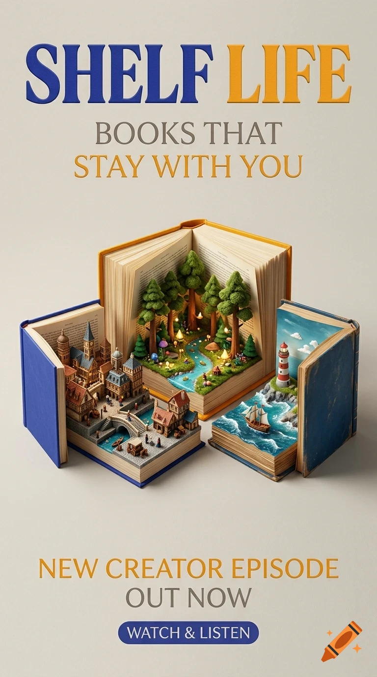 An artistic poster featuring three open books with intricate 3D dioramas emerging from their pages, including a forest, a city, and a coastal scene with a lighthouse.