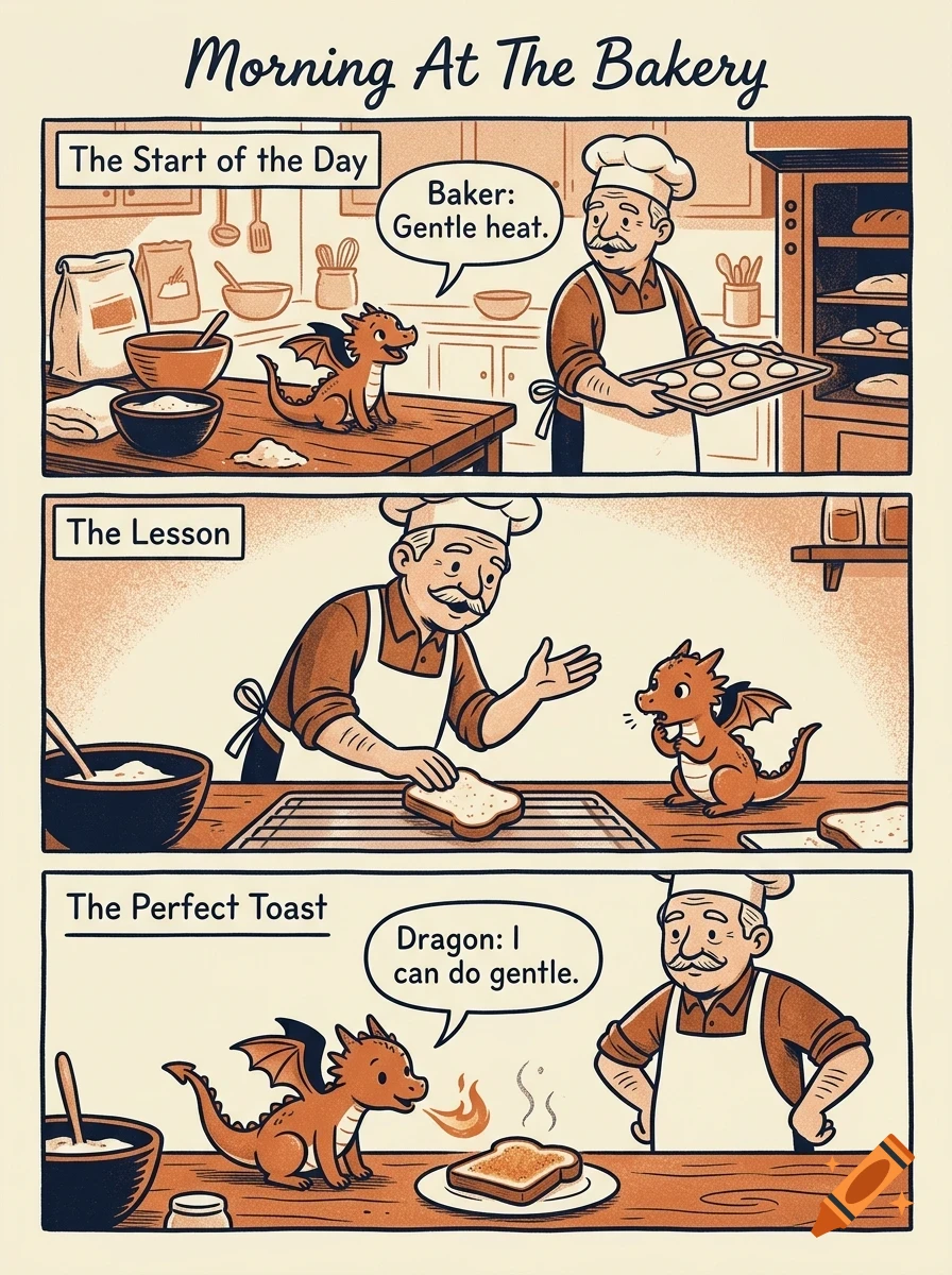 A three-panel comic showing a baker and a little dragon baking together in a kitchen.