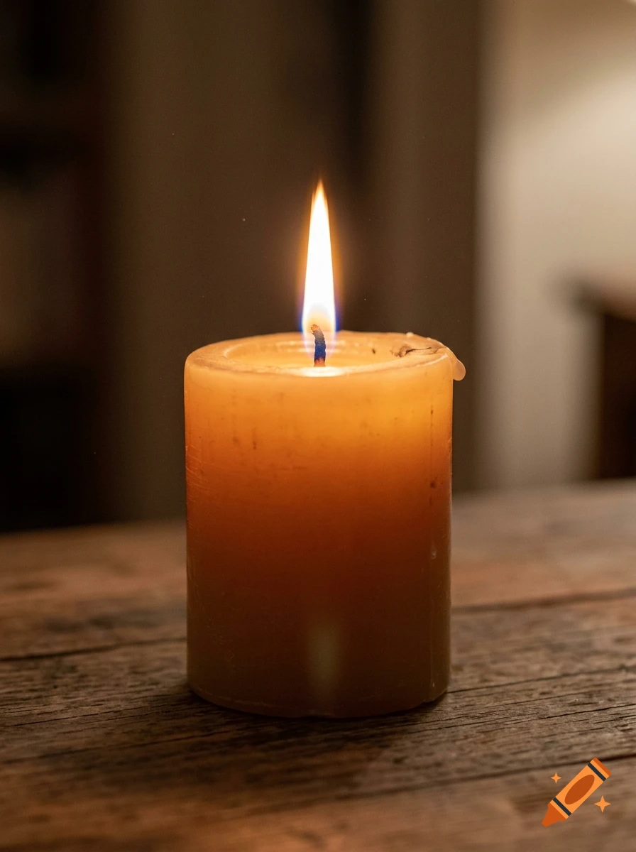 A close-up photograph of a burning pillar candle with a bright flame on a rustic wooden table.