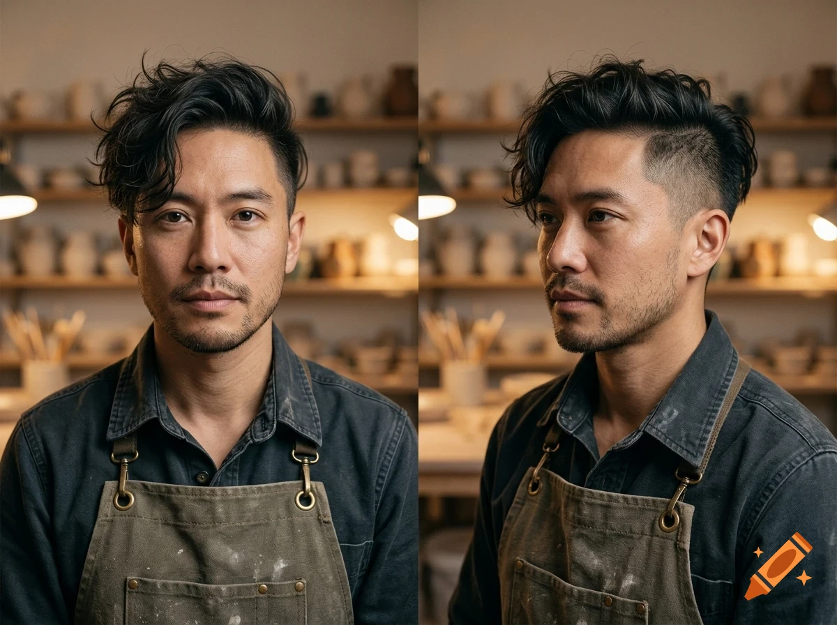 A split image showing a man with dark hair, a beard, wearing an apron, facing forward and in profile.
