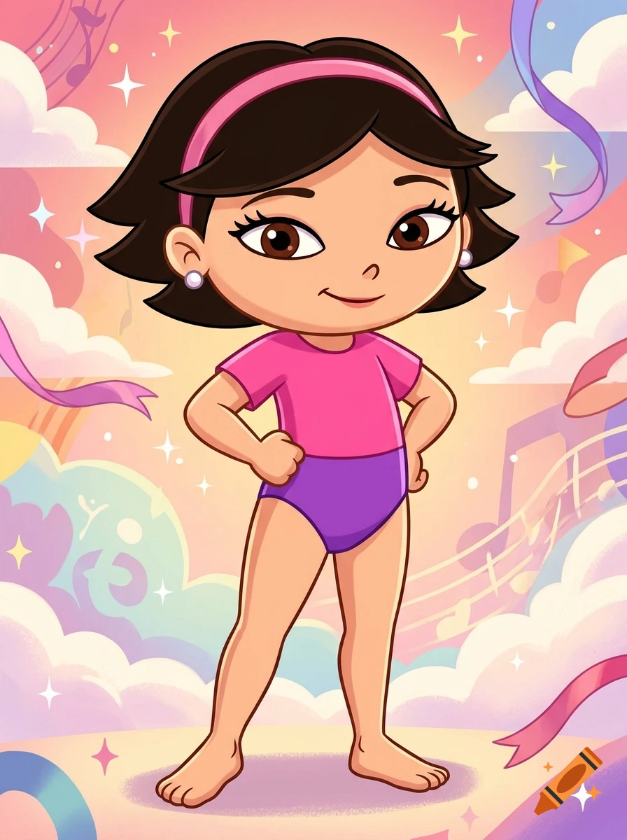 Digital illustration of June from Little Einsteins in Disney style, wearing a pink headband, white earrings, pink t-shirt, and purple swimsuit against a whimsical background with musical notes and clouds.