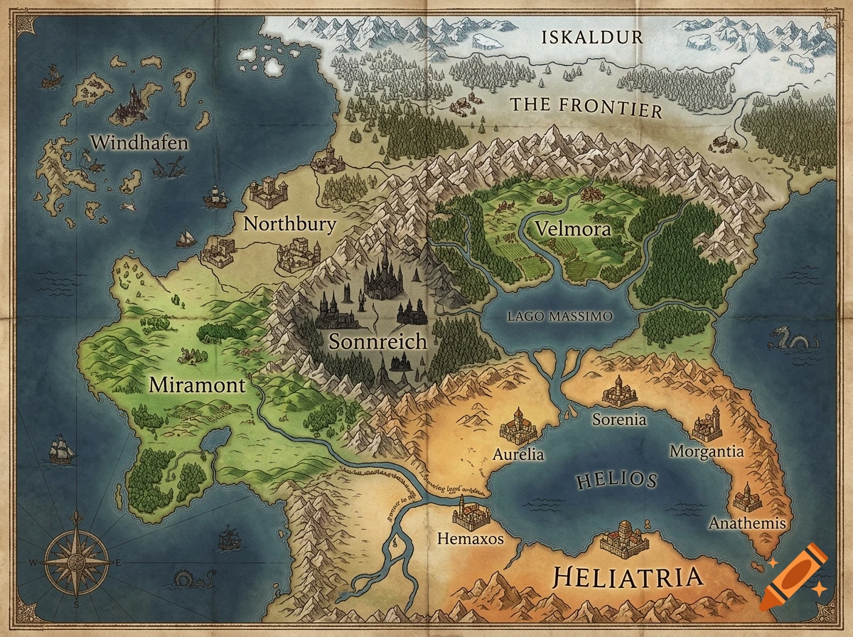 Detailed fantasy world map on parchment with labeled regions, mountain ranges, and a compass rose.