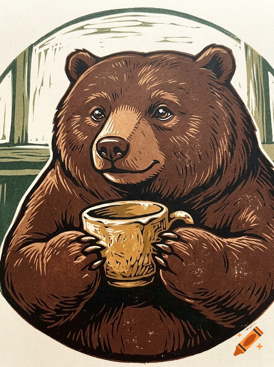 Illustration of a brown bear holding and drinking from a cup in a carved linocut style.