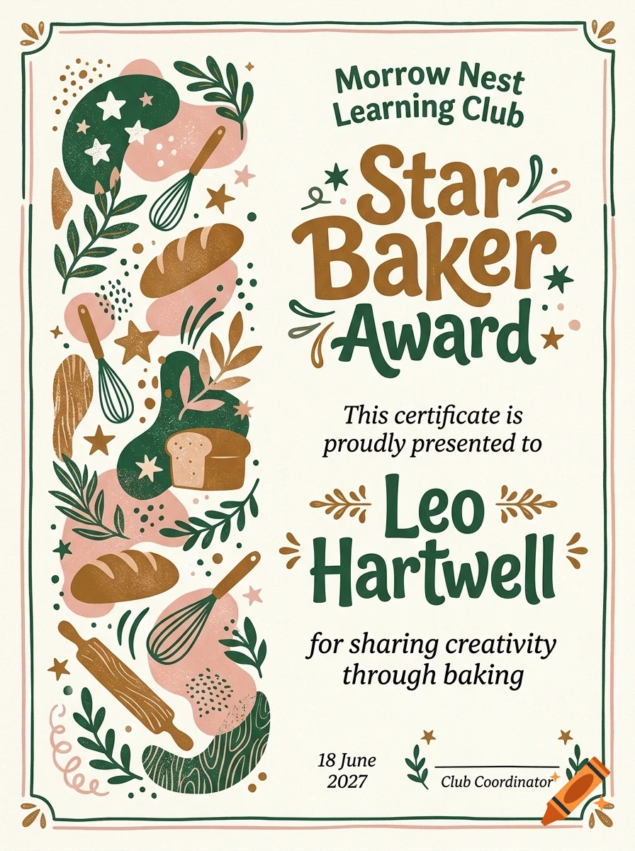 An illustrated Star Baker Award certificate featuring baked goods, whisks, and rolling pins in a decorative border.