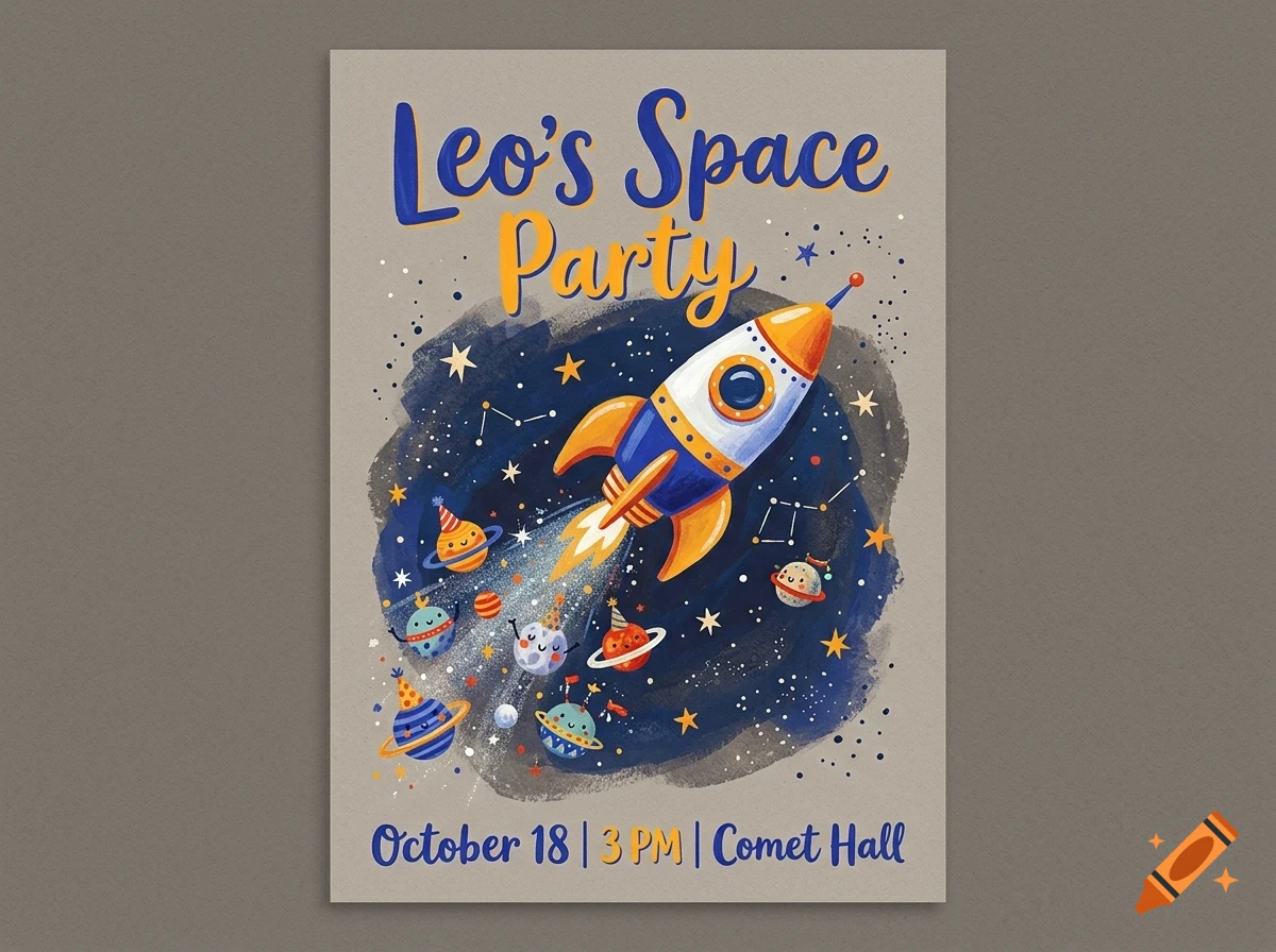 A poster for Leo's Space Party featuring a cartoon rocket and planets in a starry night sky, with party details.
