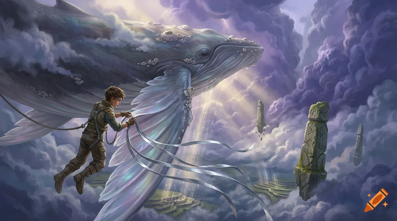 A boy floating in the clouds next to a giant flying whale among floating stone pillars.