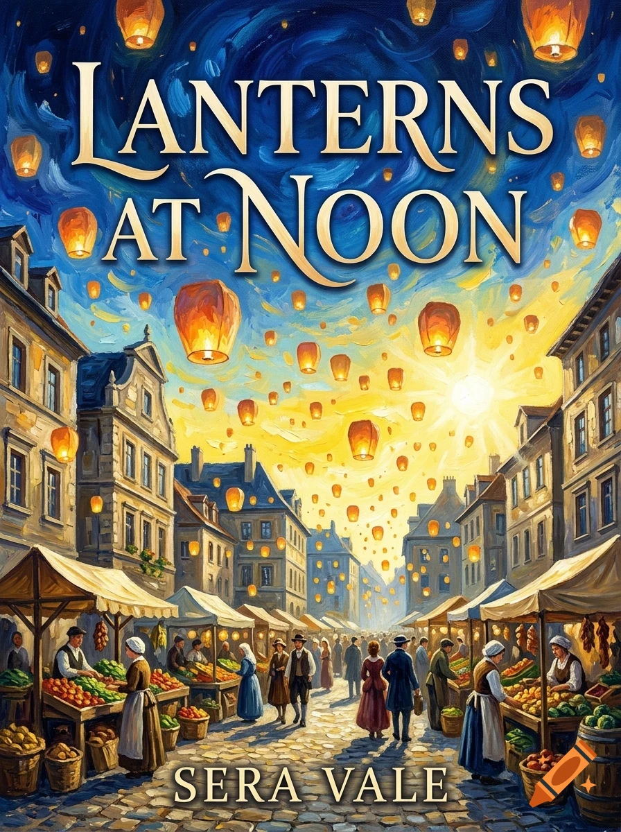 An oil painting of a busy European-style street market during the day, with glowing paper lanterns floating up into a bright swirling sky filled with sun and clouds, and the text 'LANTERNS AT NOON' and 'SERA VALE'.