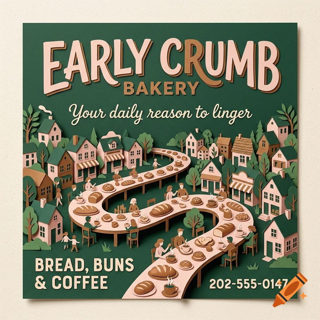 A papercraft-style illustration of a bakery sign featuring a winding table filled with bread, buns, and coffee, surrounded by small houses and trees, with the text Early Crumb Bakery.
