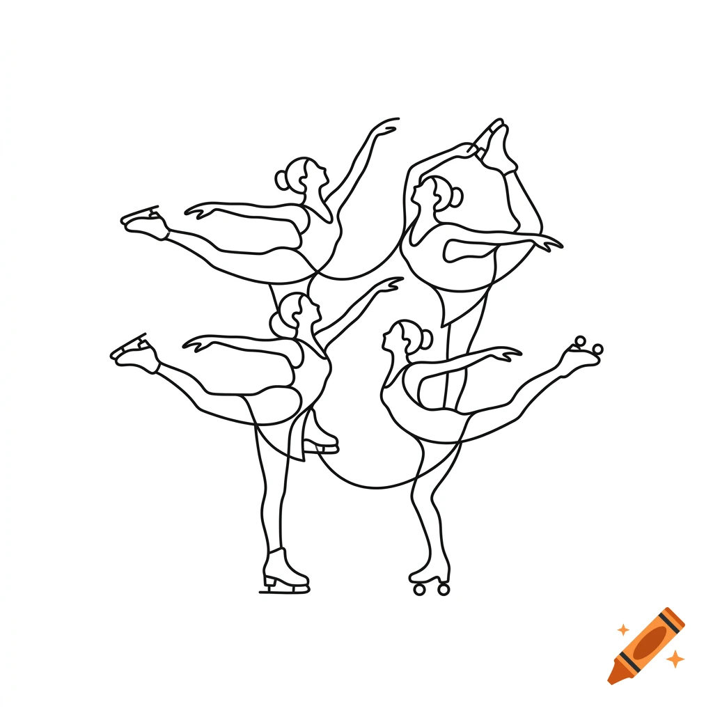 Minimalist line art logo showing four female skaters, combining ice and roller skating in a synchronous arrangement.