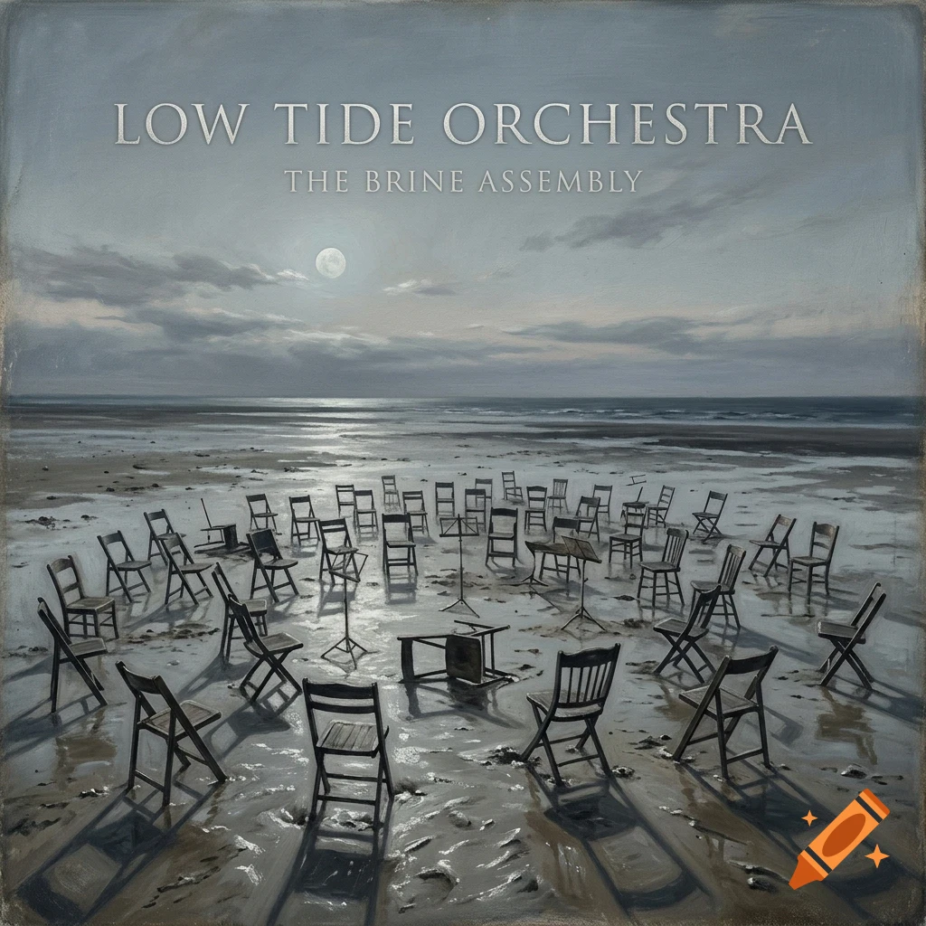 An oil painting of empty wooden chairs arranged in a circle on a wet, sandy beach under a cloudy nighttime sky with a visible moon and sea. Text reads LOW TIDE ORCHESTRA THE BRINE ASSEMBLY.