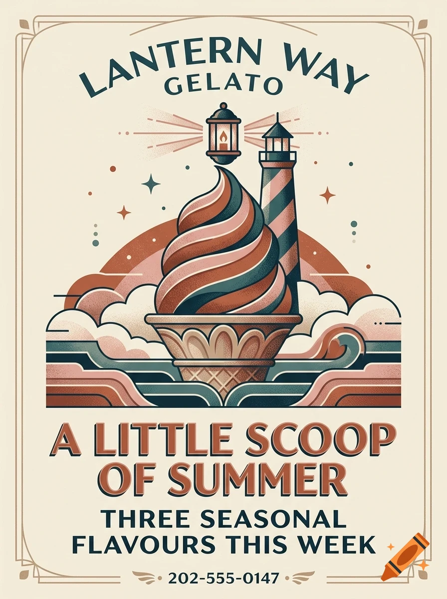 An illustrated poster for Lantern Way Gelato featuring a swirl of ice cream in a cone, a lighthouse, and text.