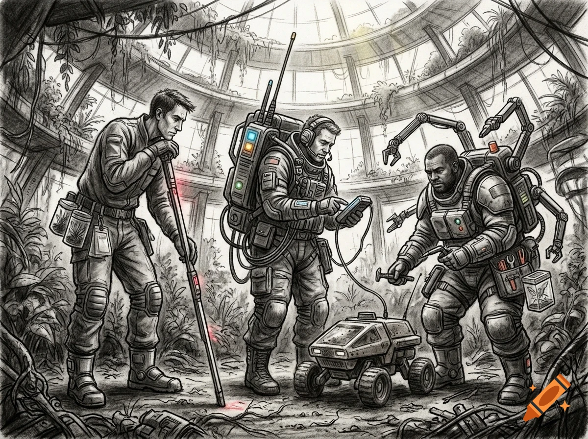 Three futuristic explorers in specialized gear examine vegetation and interact with a small robotic rover inside a large glass dome structure.
