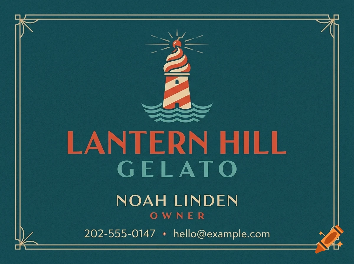 A business card design for Lantern Hill Gelato featuring a lighthouse topped with soft-serve ice cream and a cherry, surrounded by text and a decorative border.