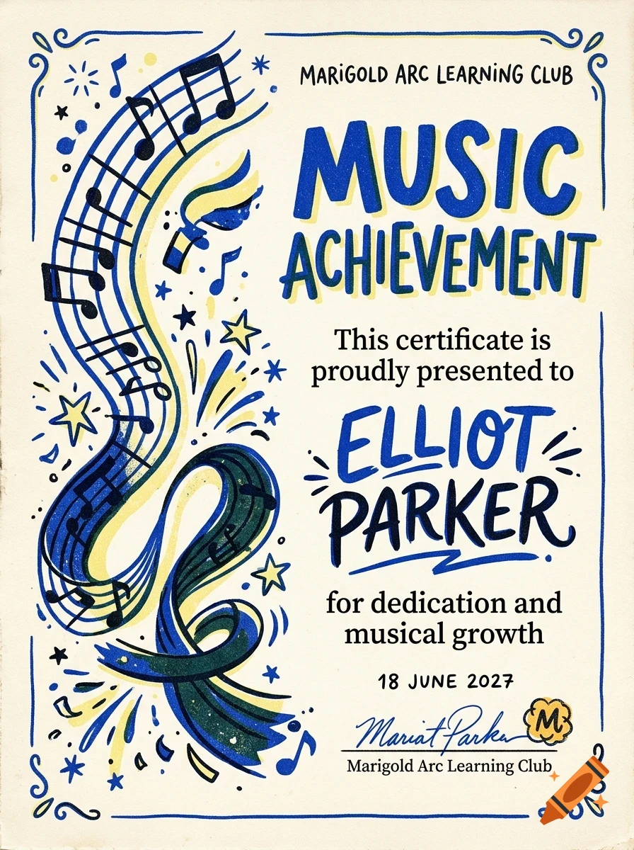 An illustrated certificate of music achievement with blue lettering, musical notes, and decorative borders.