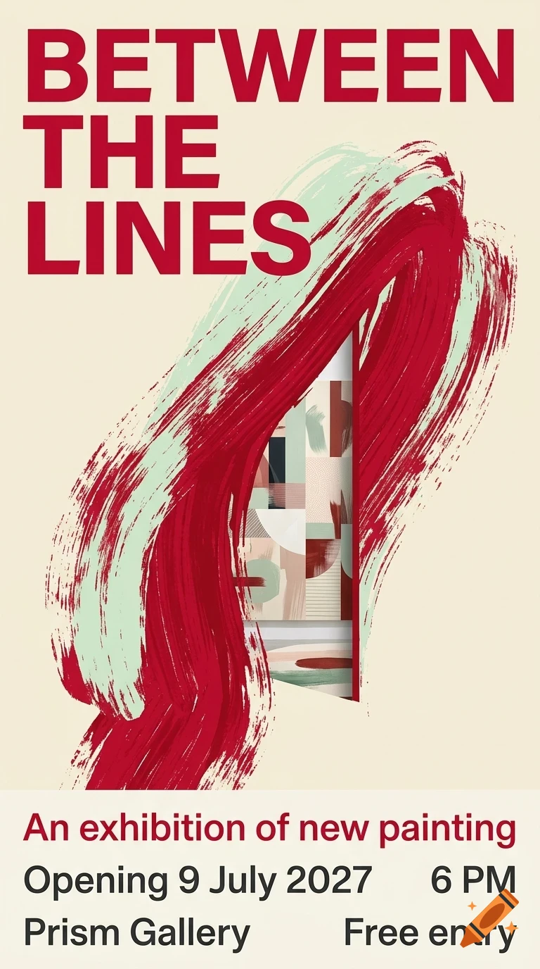 An exhibition poster titled BETWEEN THE LINES with a red brushstroke design and event details.
