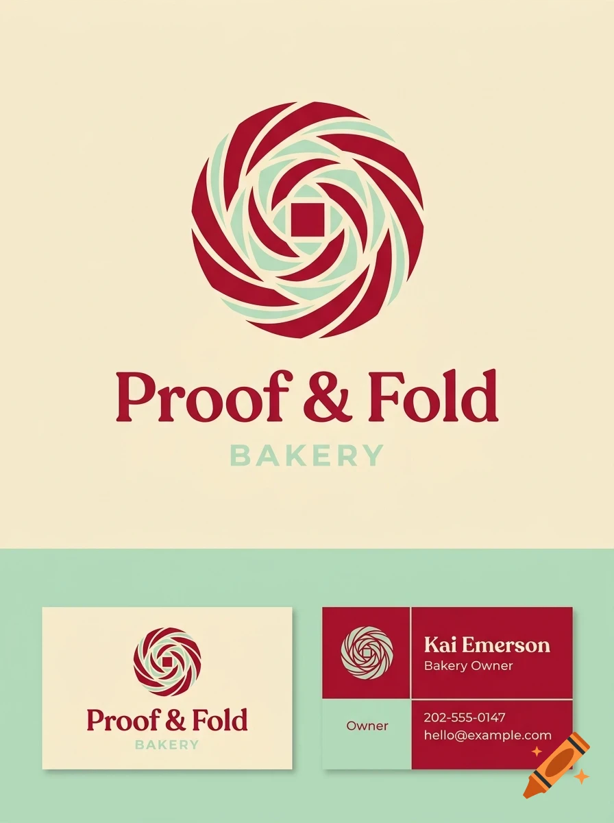 A branding design featuring a geometric circular logo with the text Proof & Fold BAKERY and business card mockups.