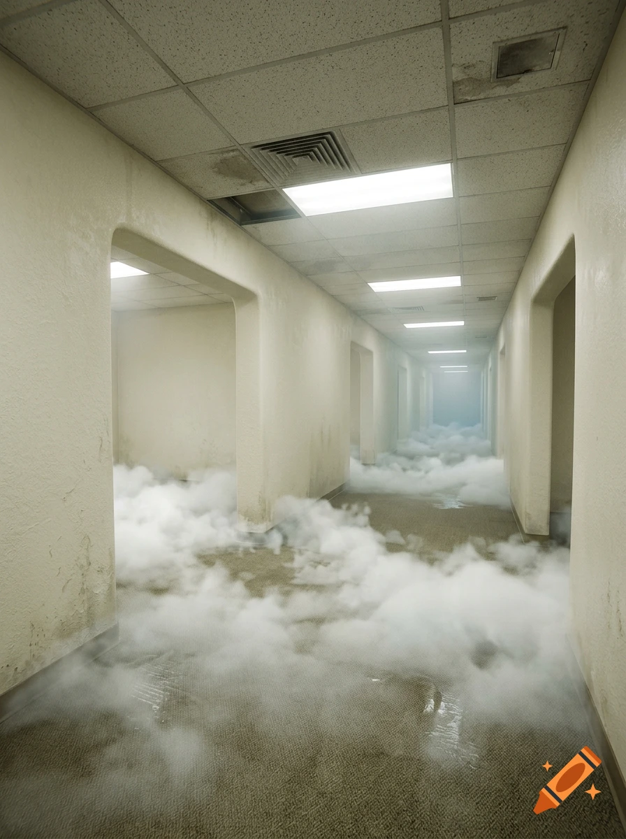 Photorealistic image of an endless beige office hallway with clouds of smoke covering the floor.