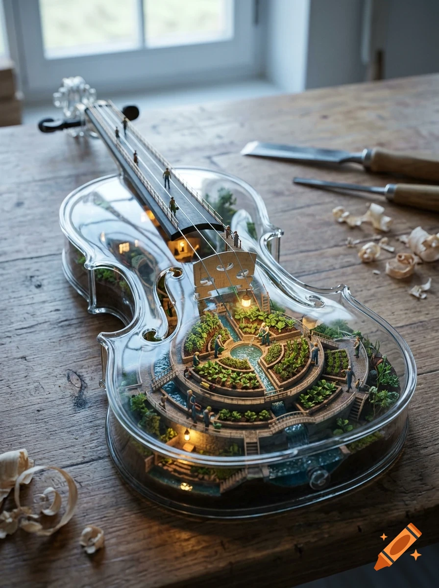 A miniature world inside a transparent violin body functioning as a greenhouse and garden with tiny figures.