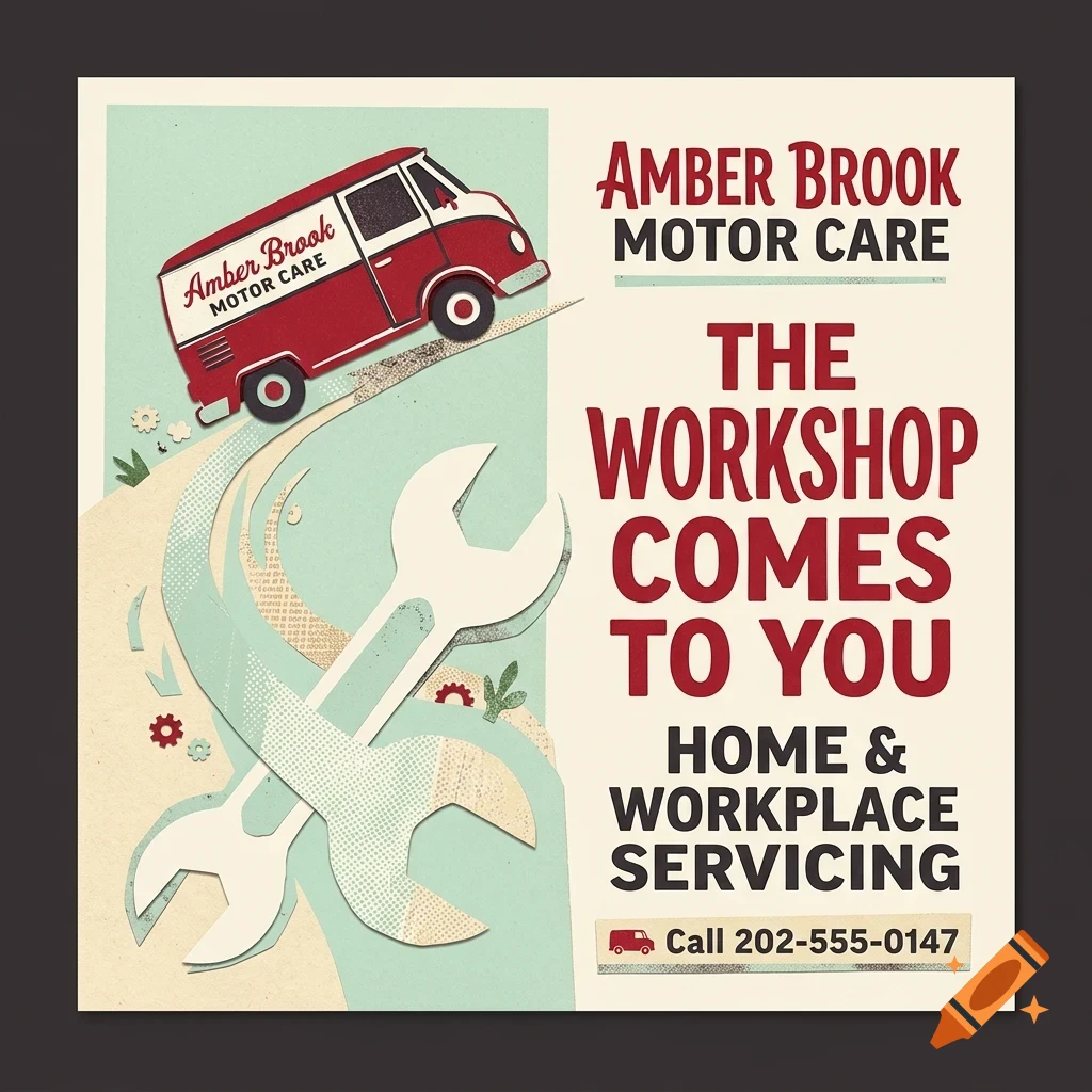 An advertisement for Amber Brook Motor Care featuring a red van, wrenches, and text reading 'The workshop comes to you'.