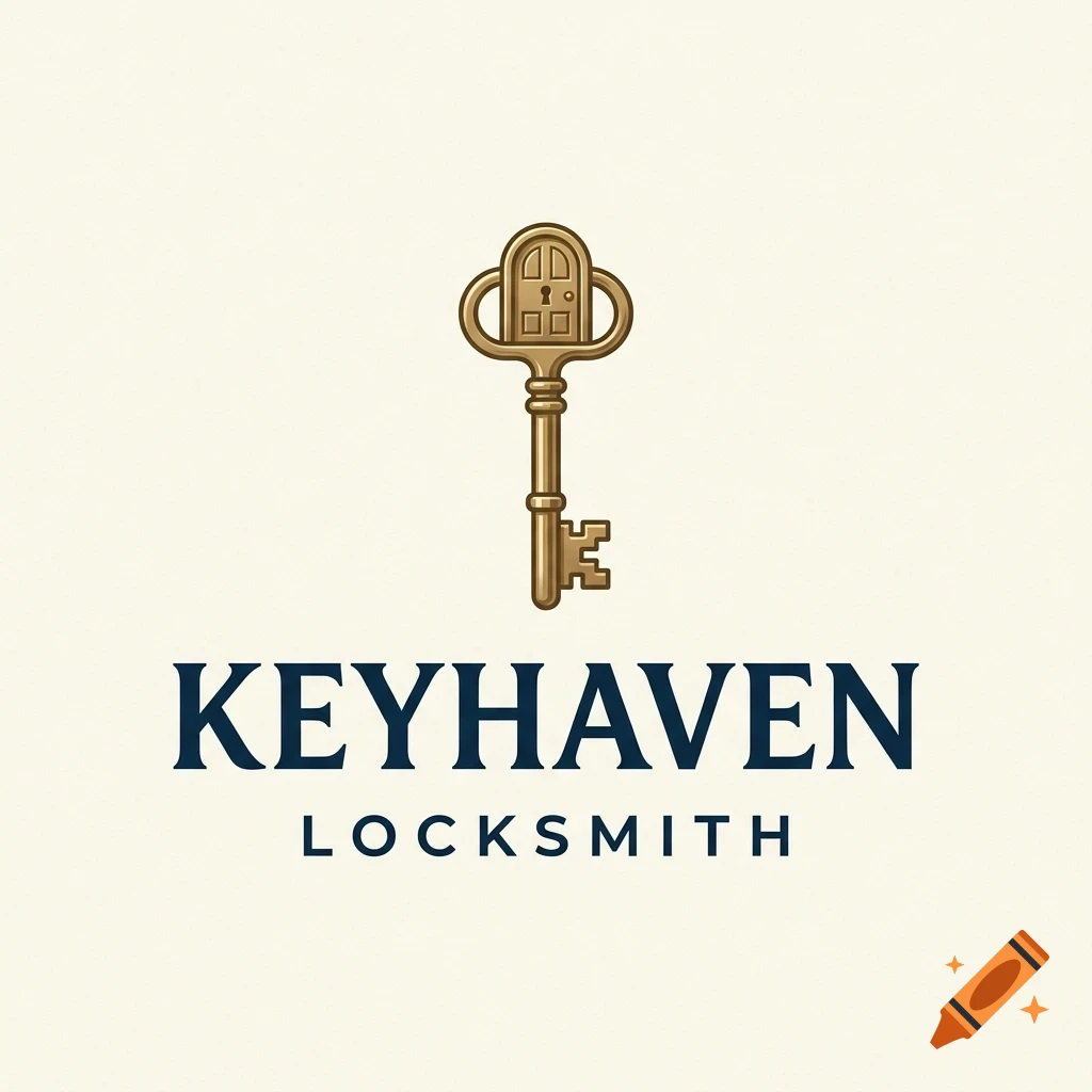 A brass key with a door integrated into its bow, above the text KEYHAVEN LOCKSMITH in dark blue serif lettering.