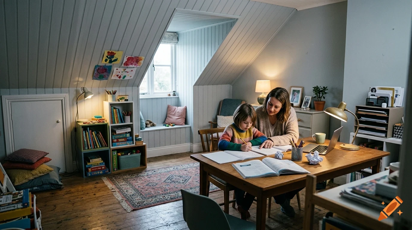 An adult and a child sitting at a wooden desk in an attic room, studying and writing together.