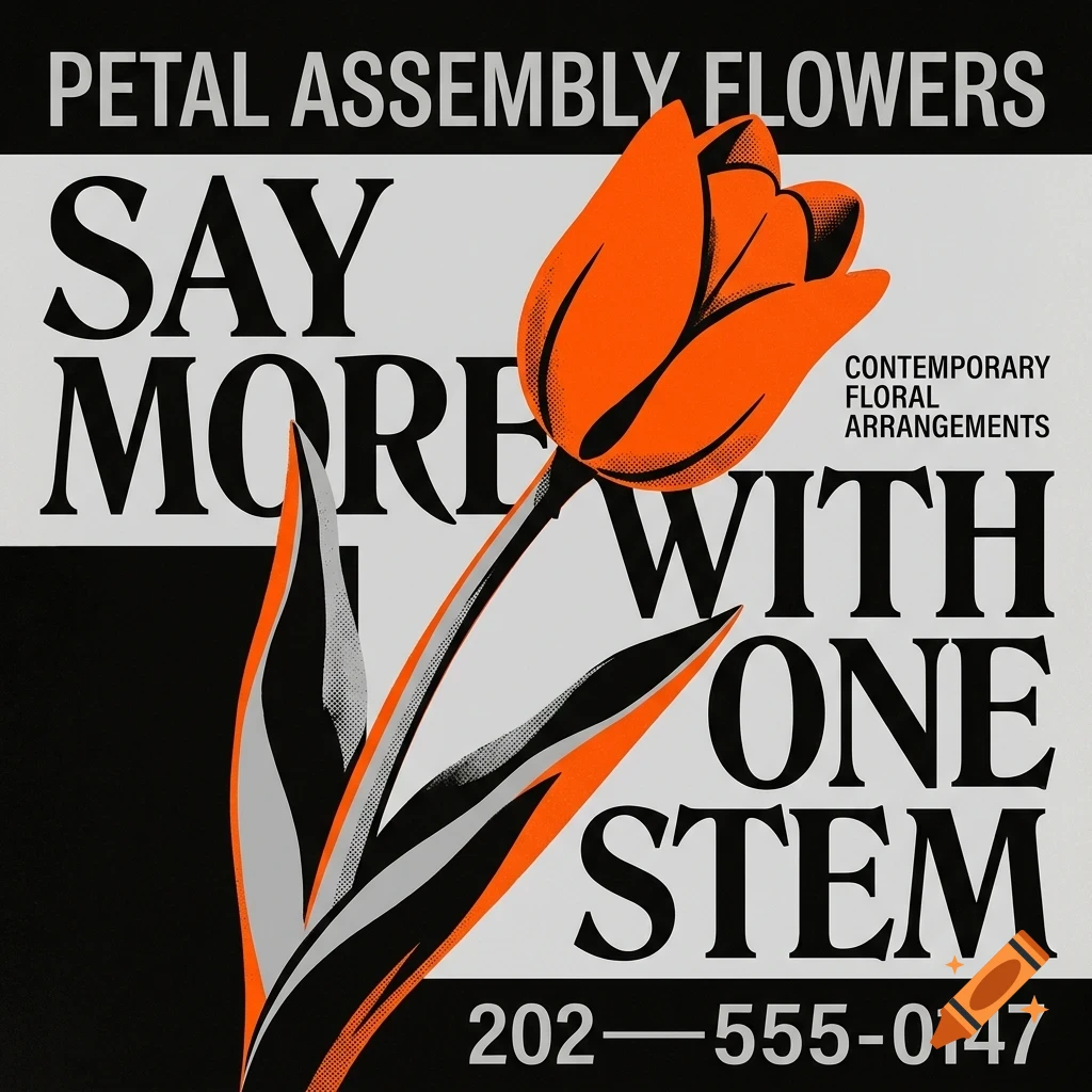 An orange tulip illustration accompanied by bold typography reading 'SAY MORE WITH ONE STEM' and 'PETAL ASSEMBLY FLOWERS'.