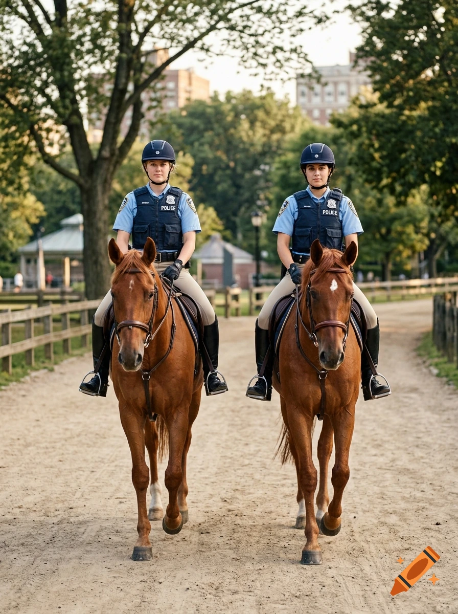 Two female police officers in uniform riding brown horses on a dirt path in a park, photorealistic.