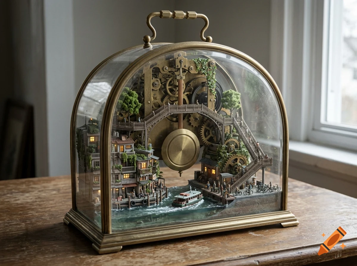 A detailed miniature diorama inside a glass-domed brass clock case, featuring a tiny town, a water canal with a boat, and clock gears in the background.