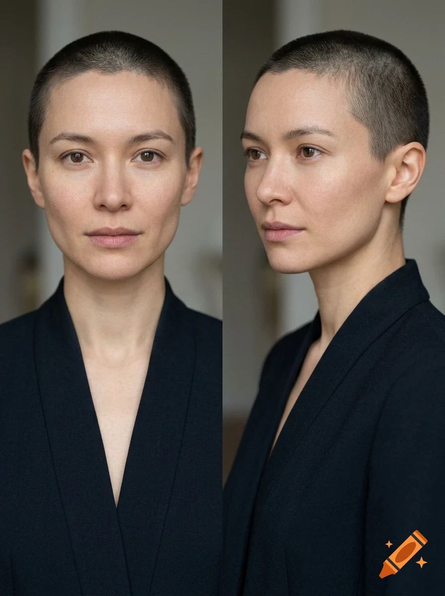 Front and profile portraits of a person with short hair wearing a dark collarless jacket.