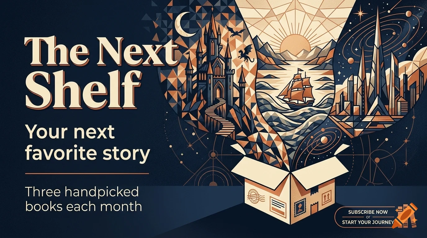 An illustration with text reading The Next Shelf showing a box opening with fantasy landscapes emerging from it.