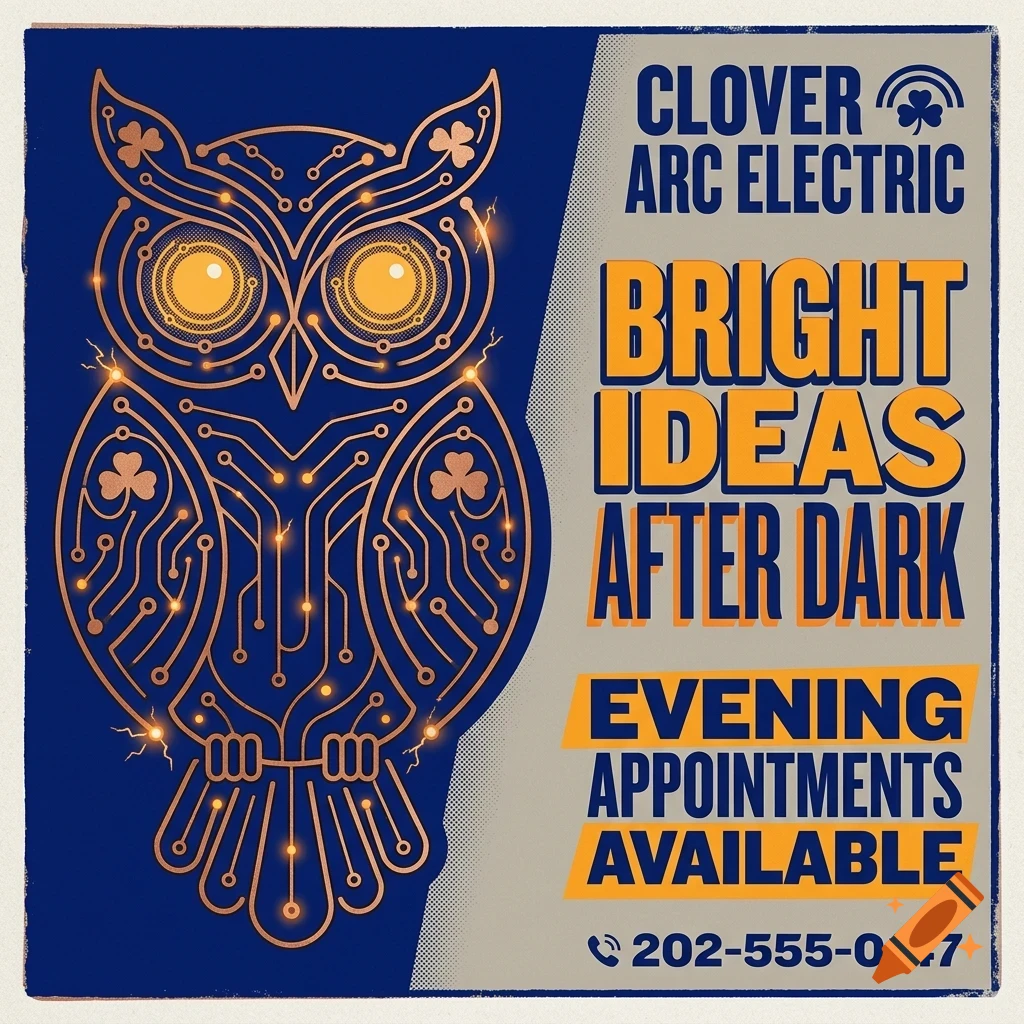 An advertisement for Clover Arc Electric featuring a glowing circuit board owl illustration and the text Bright Ideas After Dark.