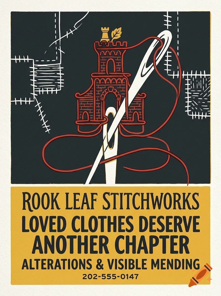 An illustration of a needle with red thread forming a tower shape, with patches in the background and text below.