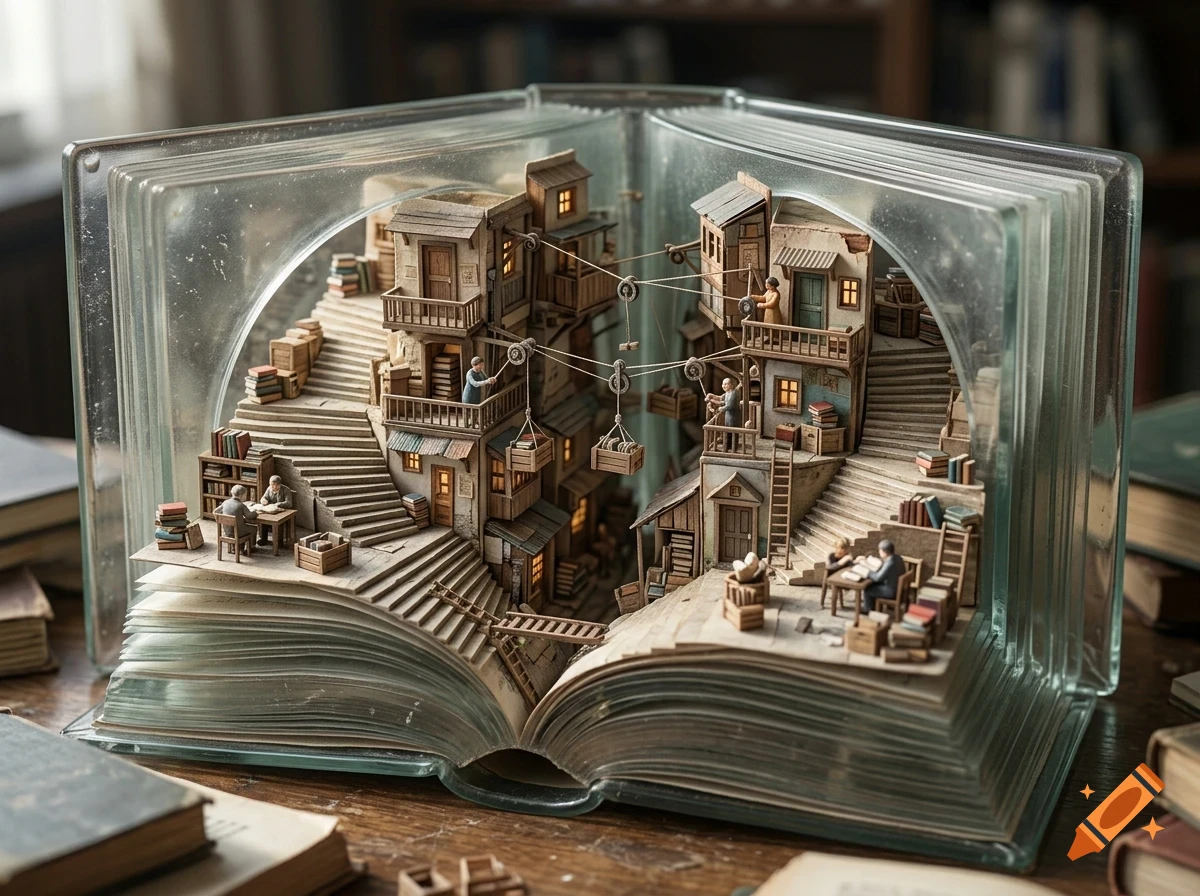 A detailed miniature village built inside the pages of an open book, encased in a transparent glass block.