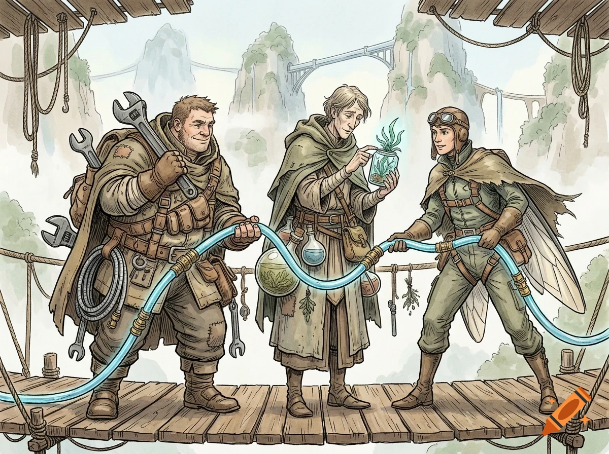 Three fantasy characters stand on a wooden bridge holding a glowing blue hose, with mountains and waterfalls in the background.