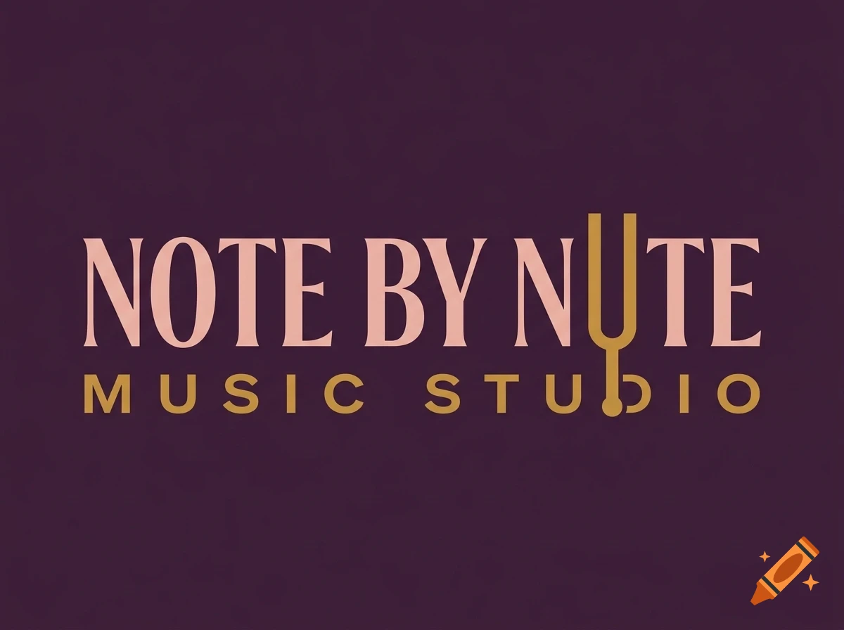 A logo for 'Note By Note Music Studio' featuring serif lettering and a tuning fork graphic on a dark purple background.