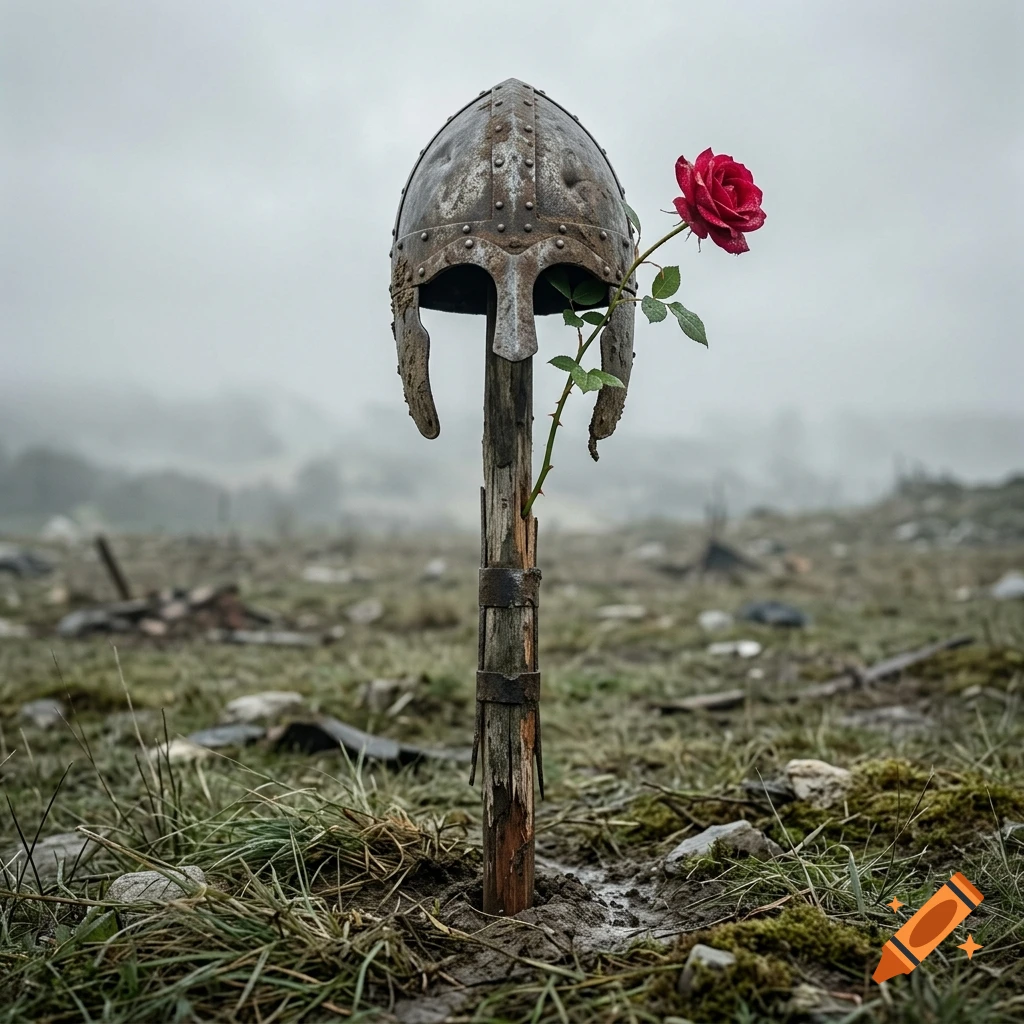 A photorealistic medieval helmet on a wooden lance planted in a misty battlefield, with a single red rose growing from the eye socket.