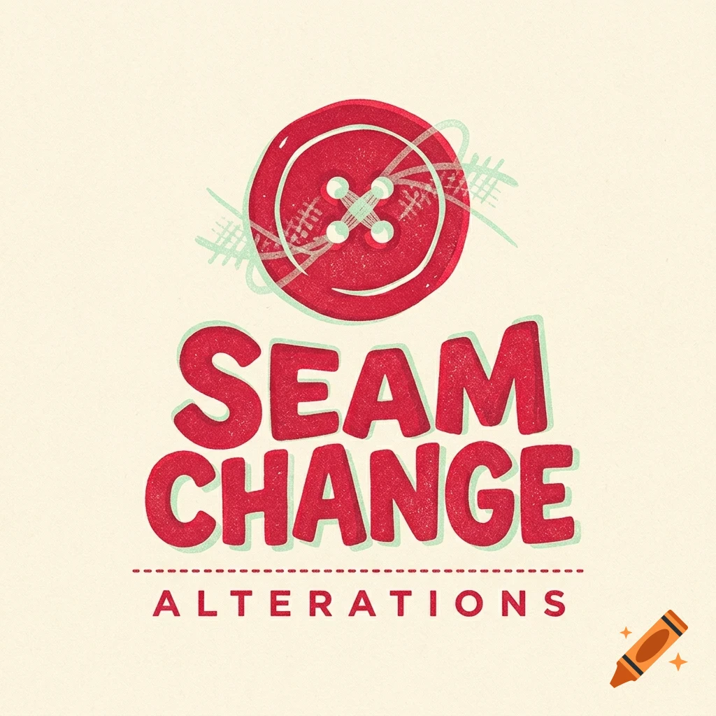 A logo featuring a red button with thread and the text SEAM CHANGE ALTERATIONS.