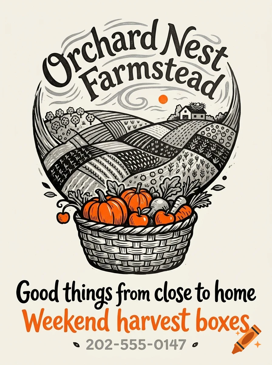 An illustrated poster design featuring a basket of pumpkins, apples, and root vegetables below a farmed landscape with a house, framed by curved text.