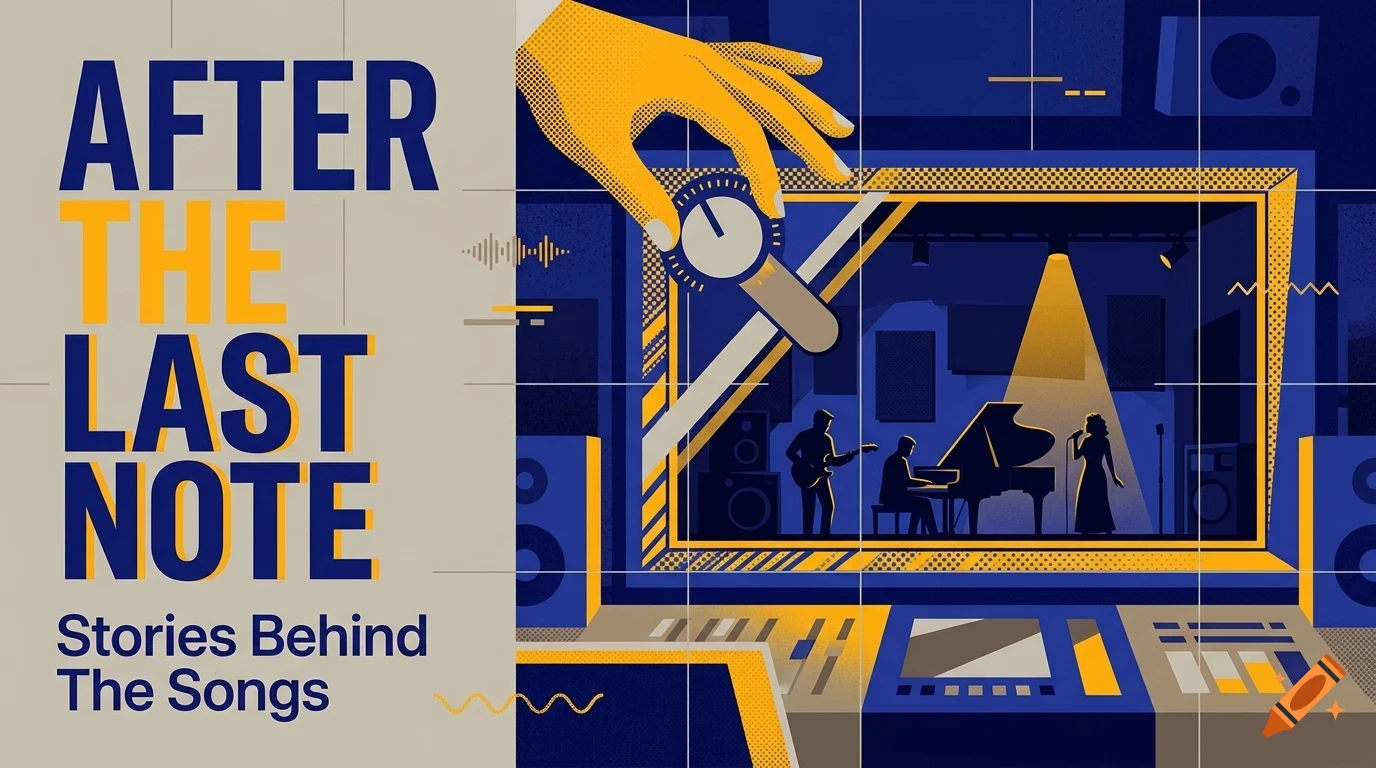An illustrated graphic with blue and yellow tones featuring a mixing console, a hand adjusting a dial, and a small stage scene with musicians, alongside the text 'AFTER THE LAST NOTE Stories Behind The Songs'.