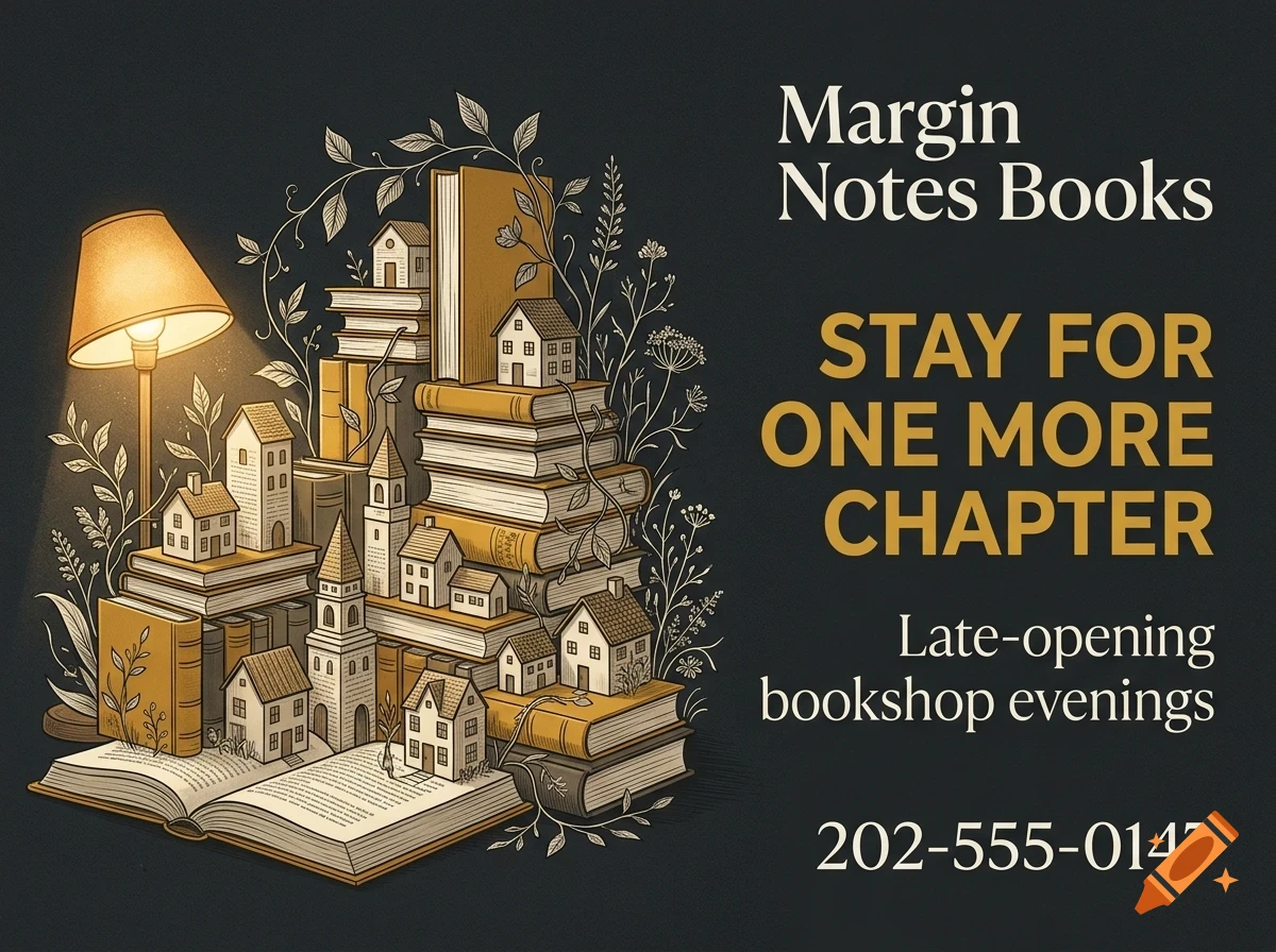An illustration of books stacked like a town with tiny houses, a glowing lamp, and text reading Margin Notes Books.