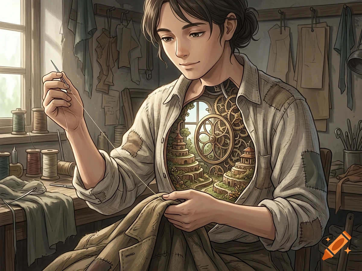 An anime-style illustration of a person sewing, with a hollowed-out torso revealing intricate gears, miniature pagodas, and greenery inside.