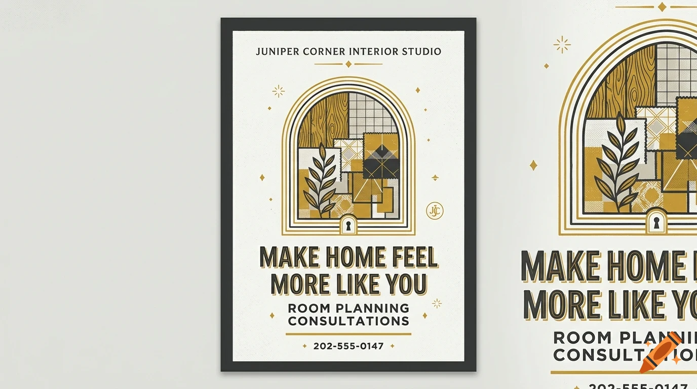 An interior design poster for Juniper Corner Interior Studio featuring gold and dark grey tones, arched patterns, and fabric swatches.