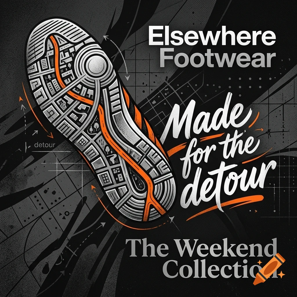 An advertisement for Elsewhere Footwear featuring a stylized sneaker sole shaped like a city map with orange and silver accents, accompanied by the text 'Made for the detour' and 'The Weekend Collection'.