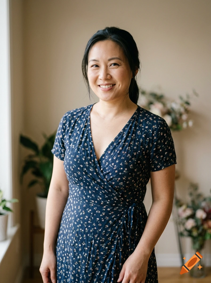 Photorealistic portrait of a smiling woman with black hair in a ponytail, wearing a blue floral wrap dress indoors.