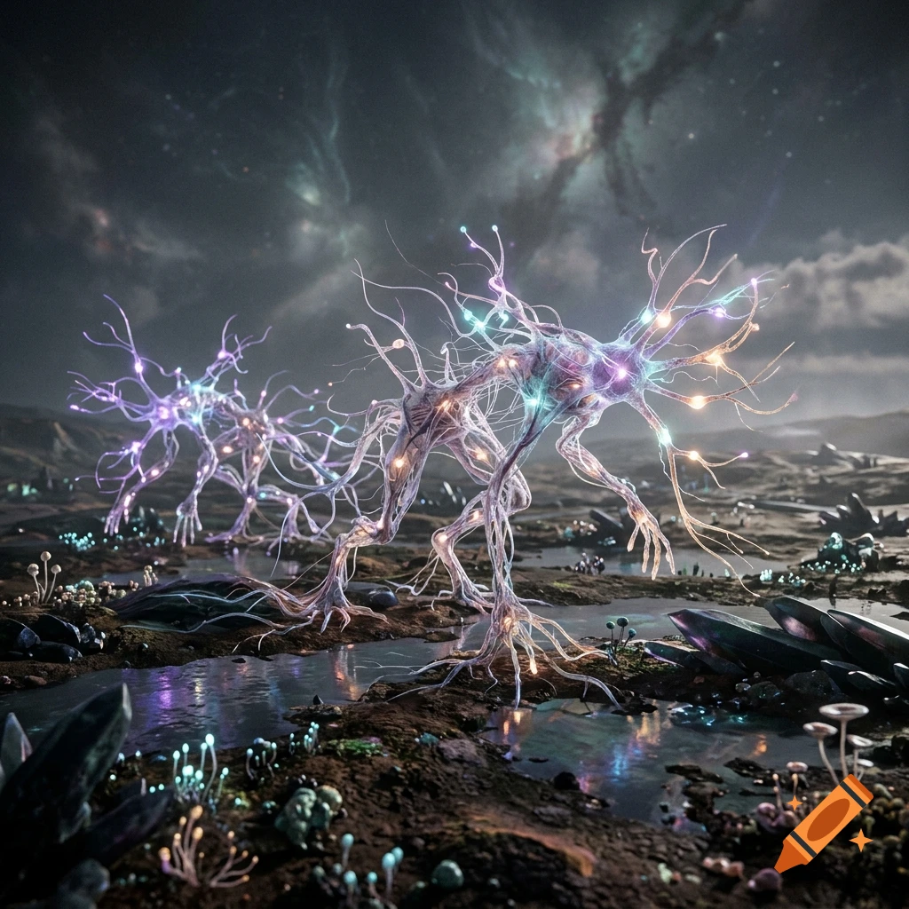 Neural-like glowing creatures inhabit an otherworldly alien landscape with puddles and starry sky.