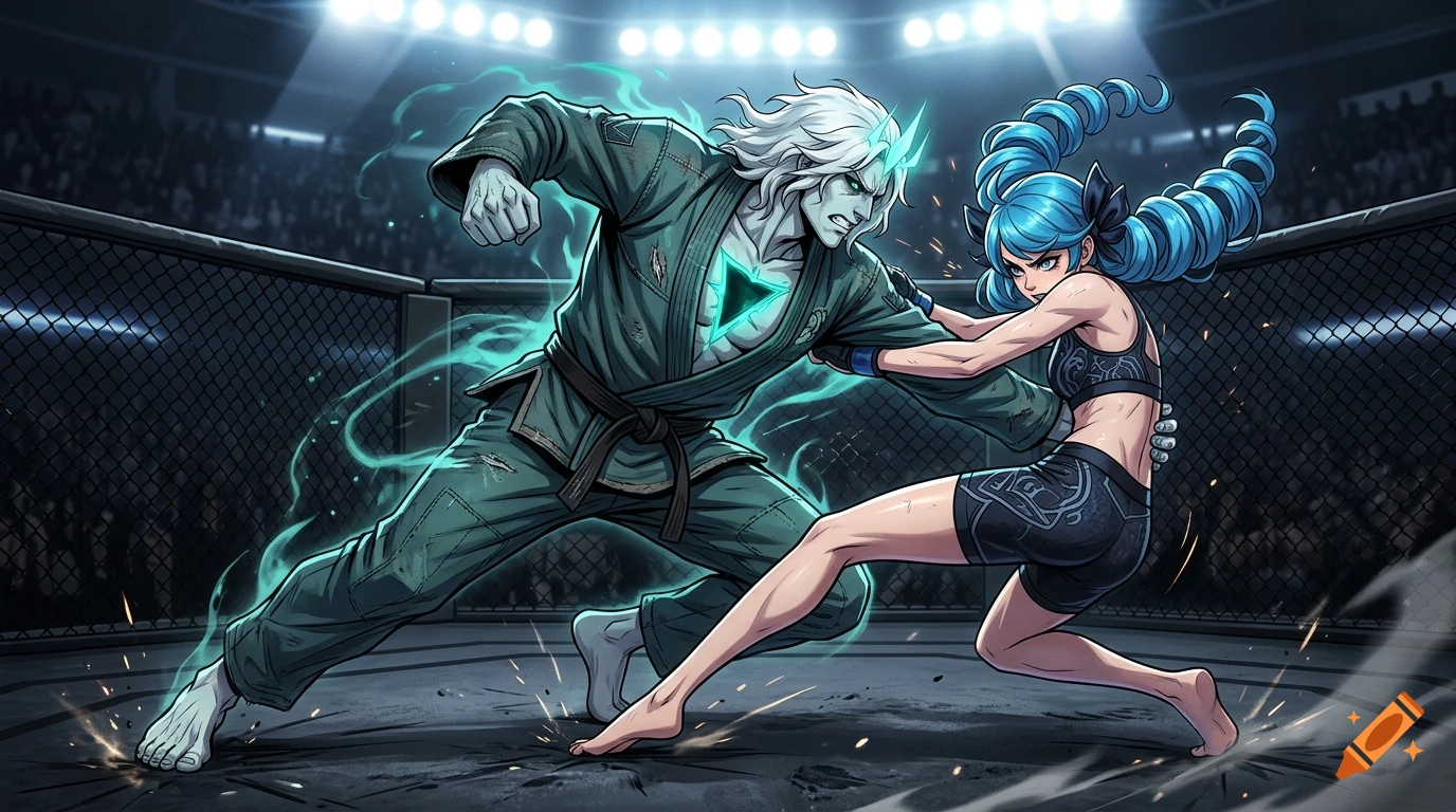 Digital anime illustration of Viego and Gwen fighting in a UFC octagon MMA cage, dynamic action pose.