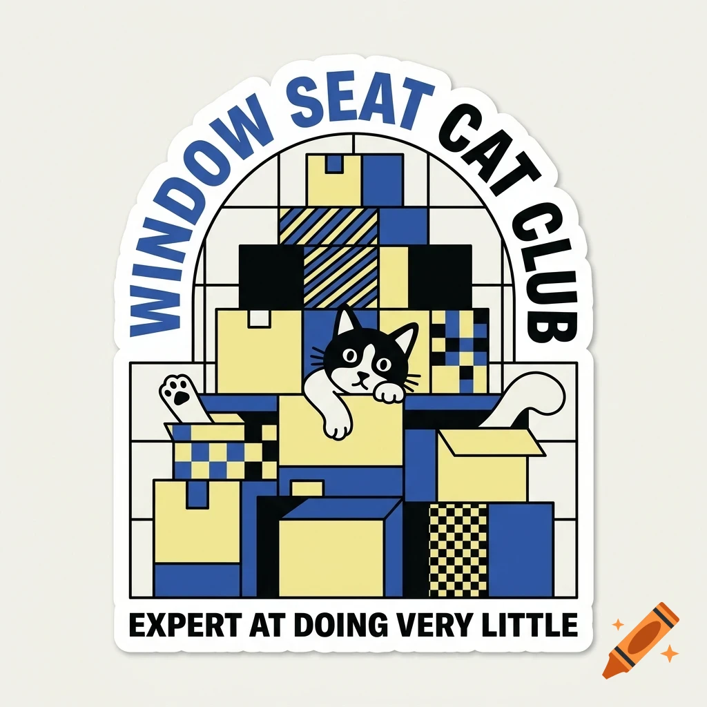 An illustrated sticker showing a black and white cat peeking out from a stack of cardboard boxes, with the text Window Seat Cat Club and Expert at doing very little.