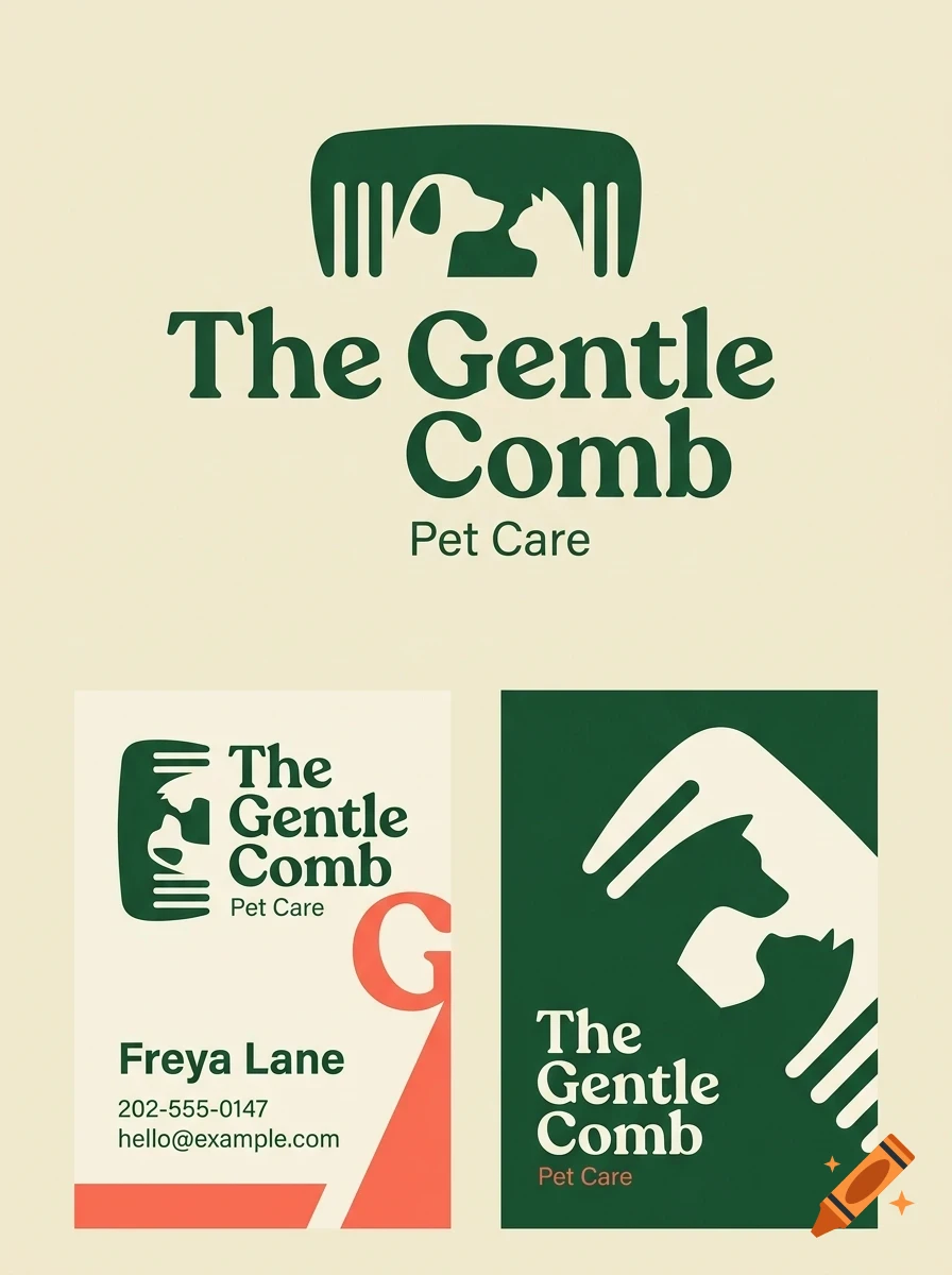 A branding design featuring a comb logo incorporating a dog and cat silhouette, with the text 'The Gentle Comb Pet Care' and contact information.