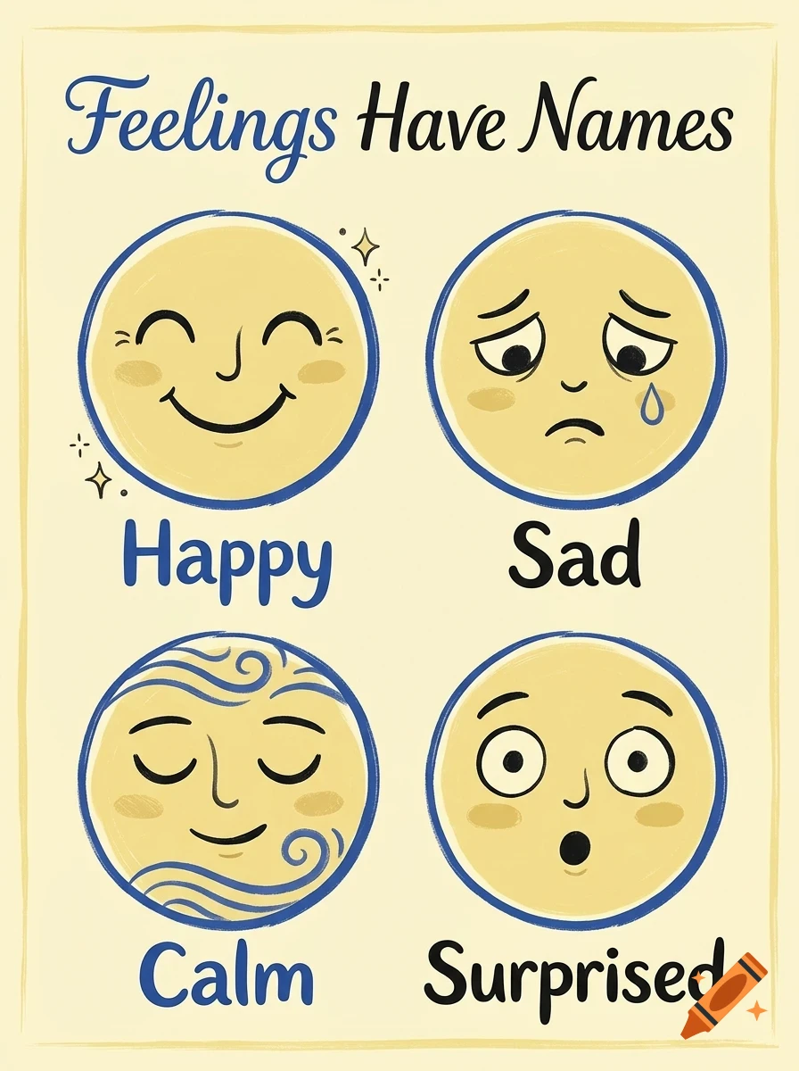 An educational poster titled 'Feelings Have Names' featuring four circular faces depicting happy, sad, calm, and surprised emotions with labels.